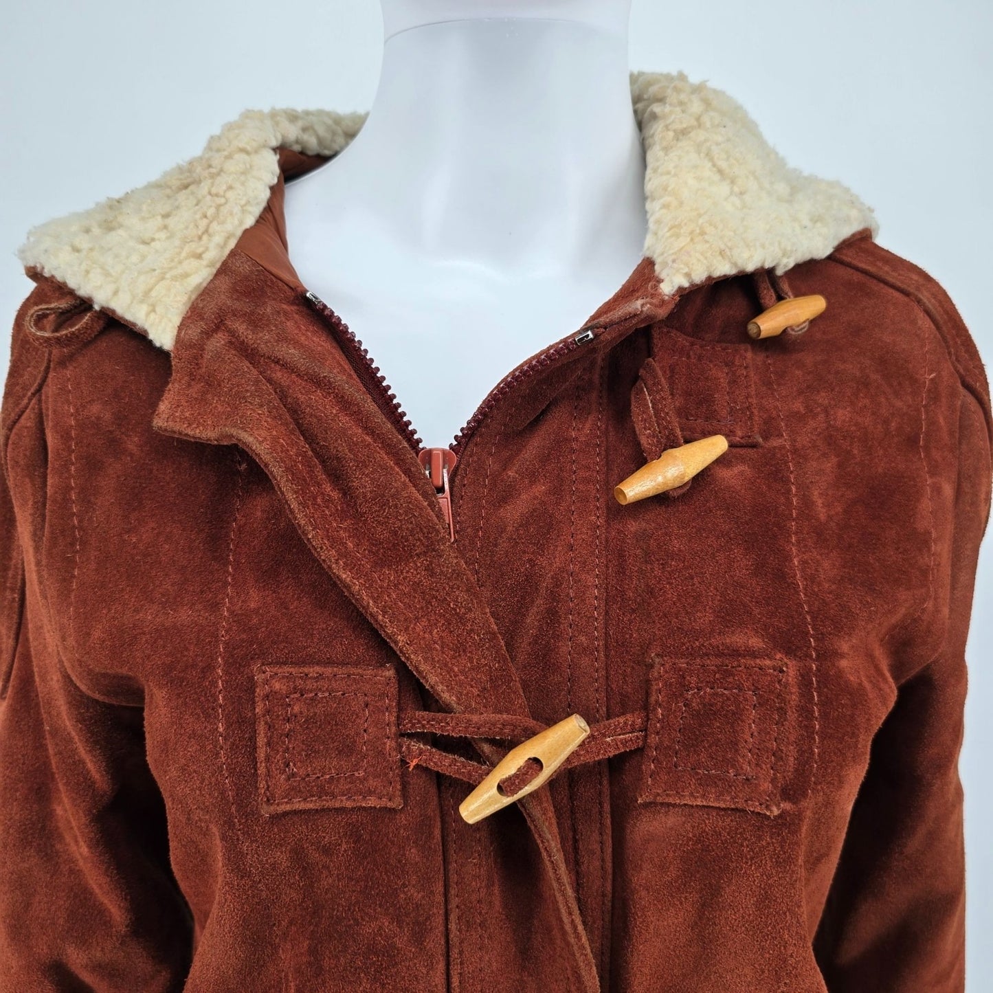 Vintage 1970s Berman's Sherpa Lined Rust Brown Suede Duffle Coat (Medium)