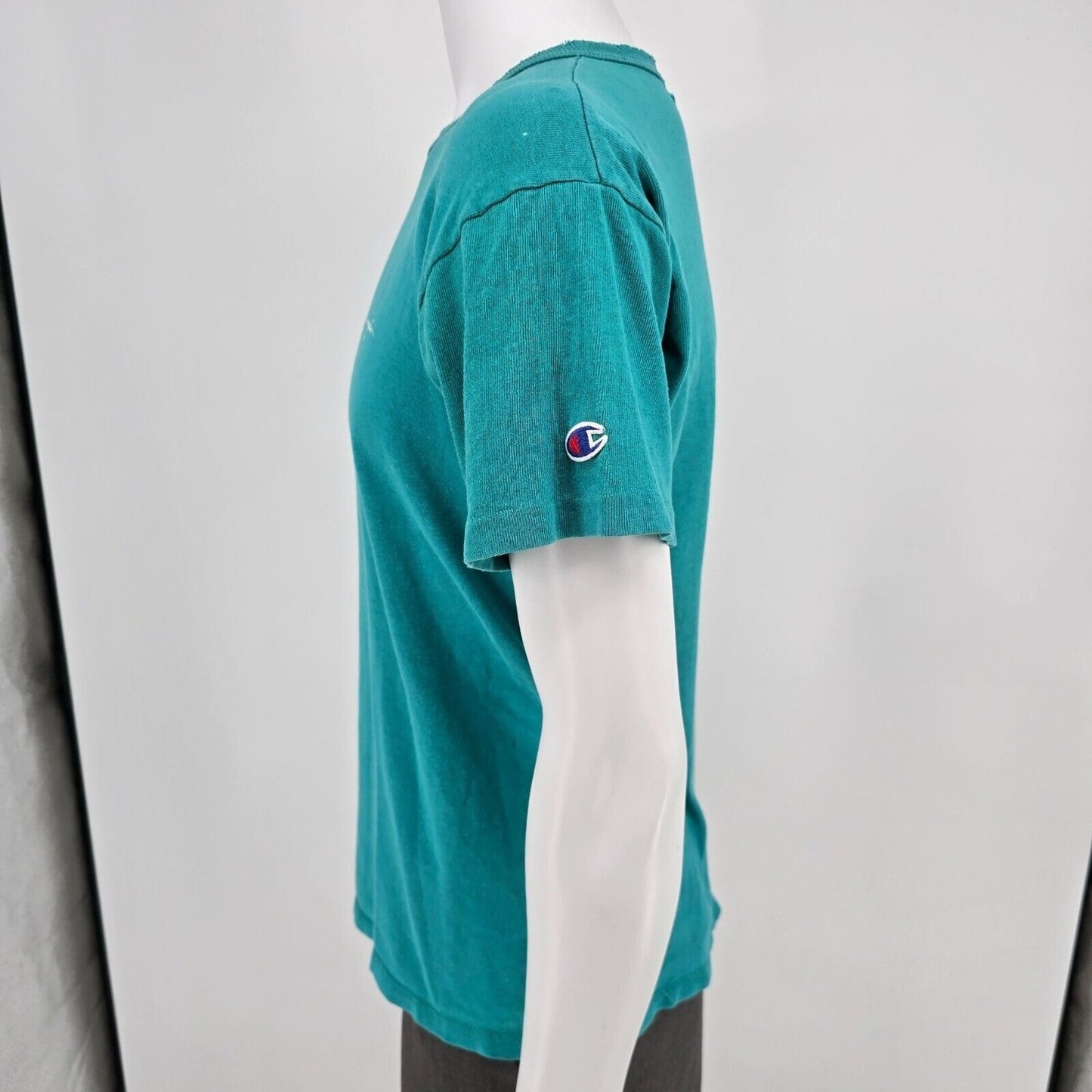 Distressed Vintage 1980s Champion Script Logo Single Stitch Teal T-Shirt (M)