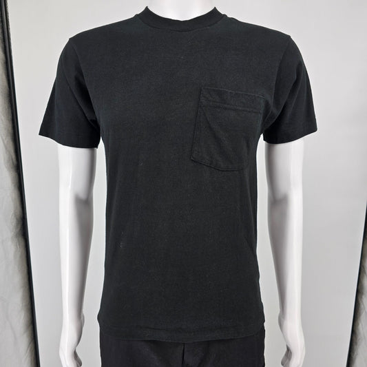 Vintage Late 1980s BVD Black Blank Cotton Selvedge Pocket Tee T-Shirt (S)