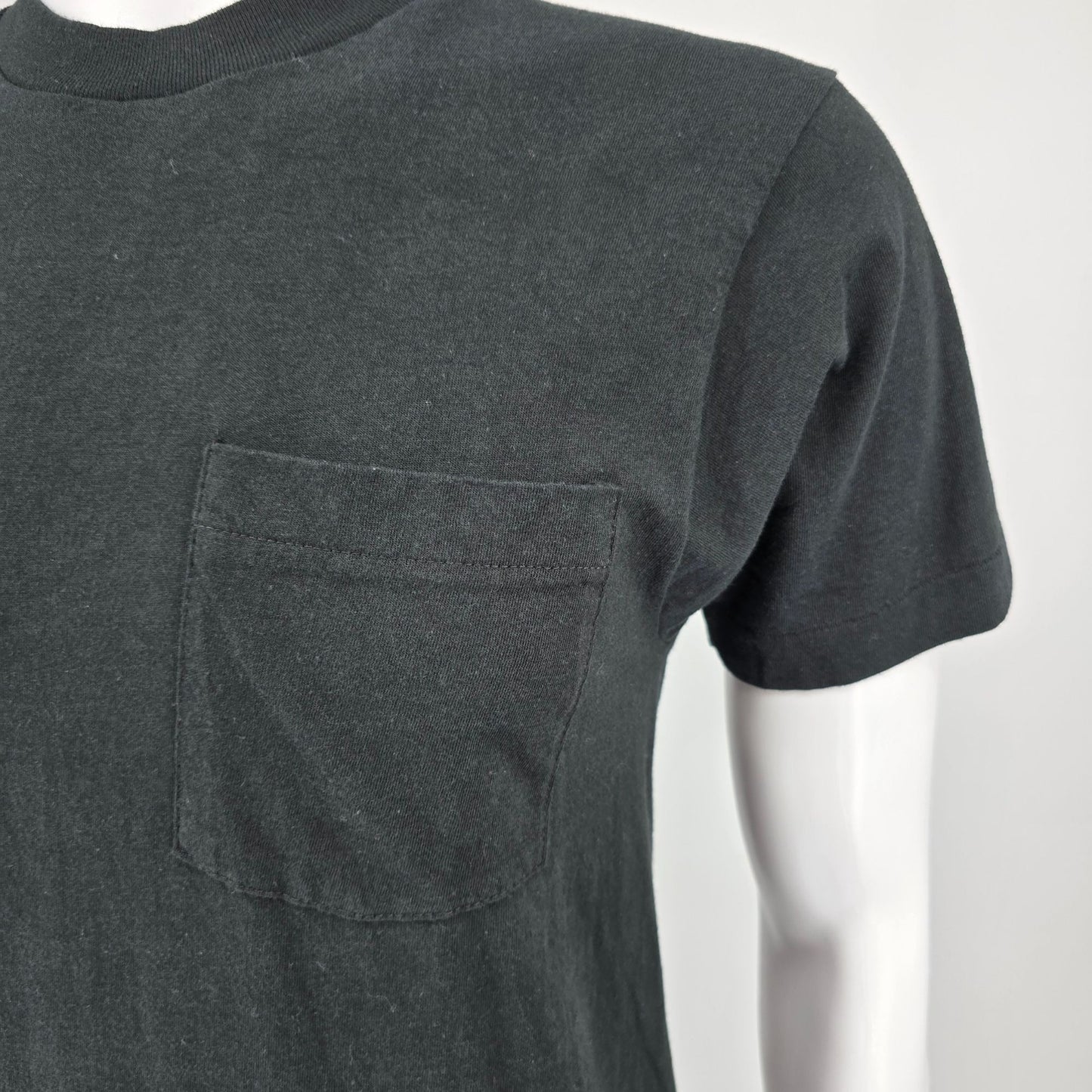 Vintage Late 1980s BVD Black Blank Cotton Selvedge Pocket Tee T-Shirt (S)