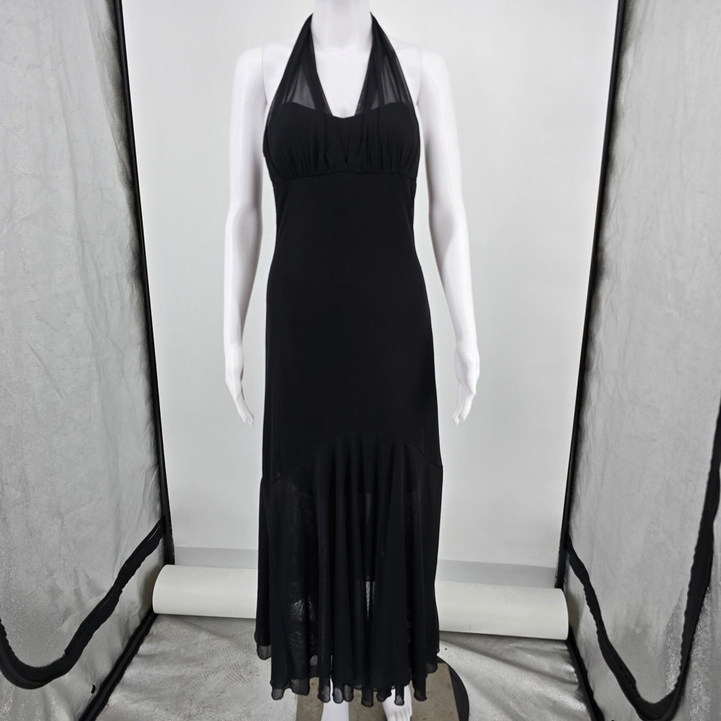 Vintage Y2K Taboo Clubwear Black Sheer Mesh Marilyn-Style Halter Dress (S)