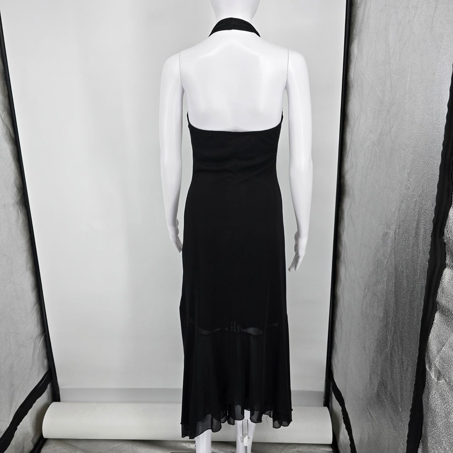 Vintage Y2K Taboo Clubwear Black Sheer Mesh Marilyn-Style Halter Dress (S)