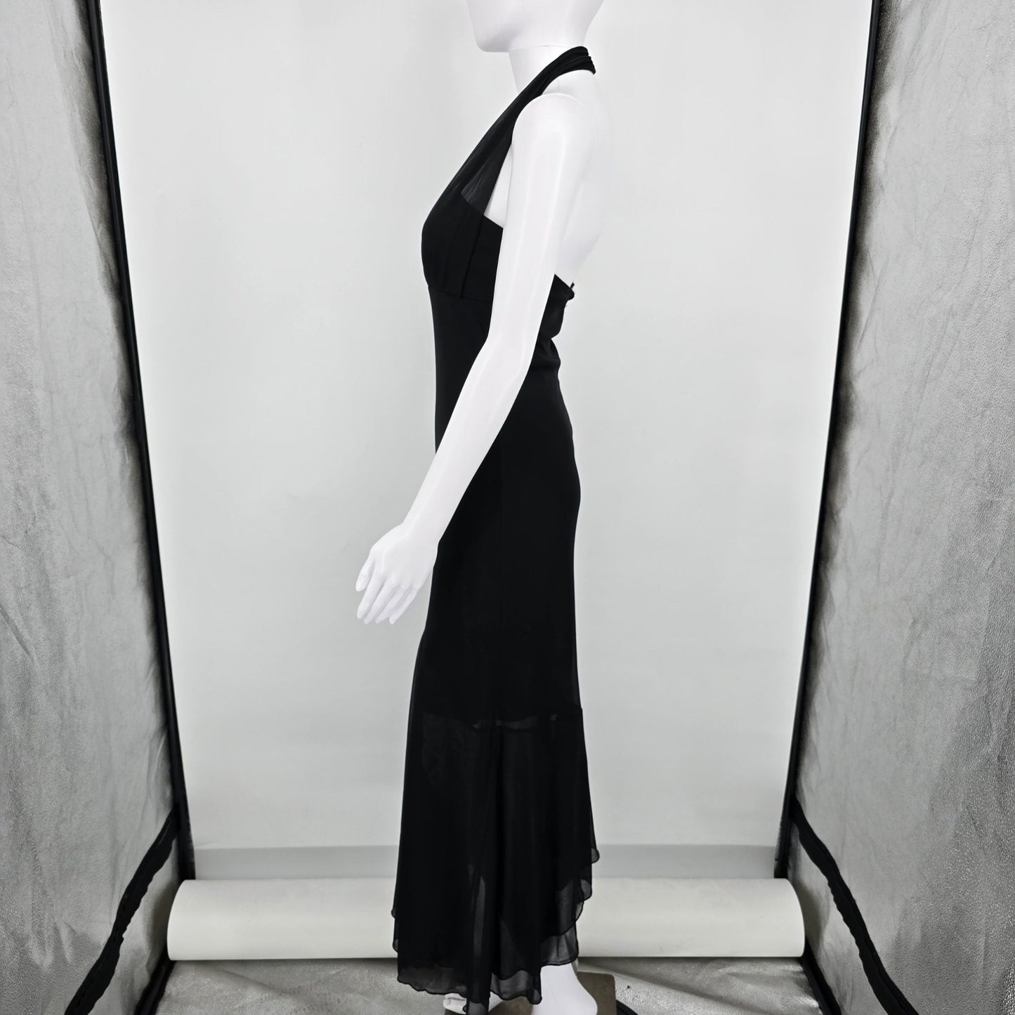 Vintage Y2K Taboo Clubwear Black Sheer Mesh Marilyn-Style Halter Dress (S)