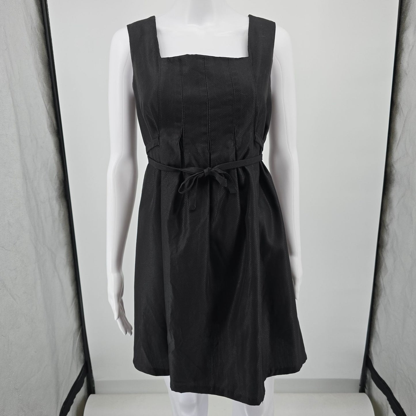 Vintage 1960s Black Sleeveless Square Neck Pleated Babydoll Mini Dress (M)