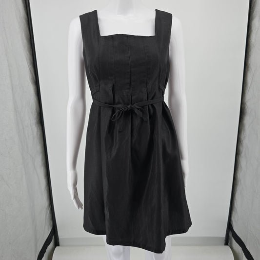 Vintage 1960s Black Sleeveless Square Neck Pleated Babydoll Mini Dress (M)