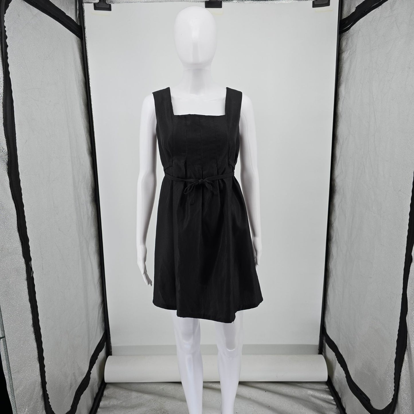 Vintage 1960s Black Sleeveless Square Neck Pleated Babydoll Mini Dress (M)