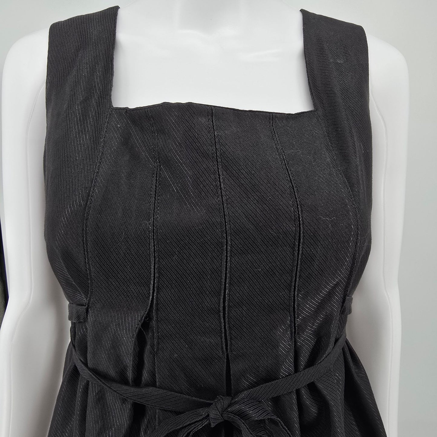 Vintage 1960s Black Sleeveless Square Neck Pleated Babydoll Mini Dress (M)