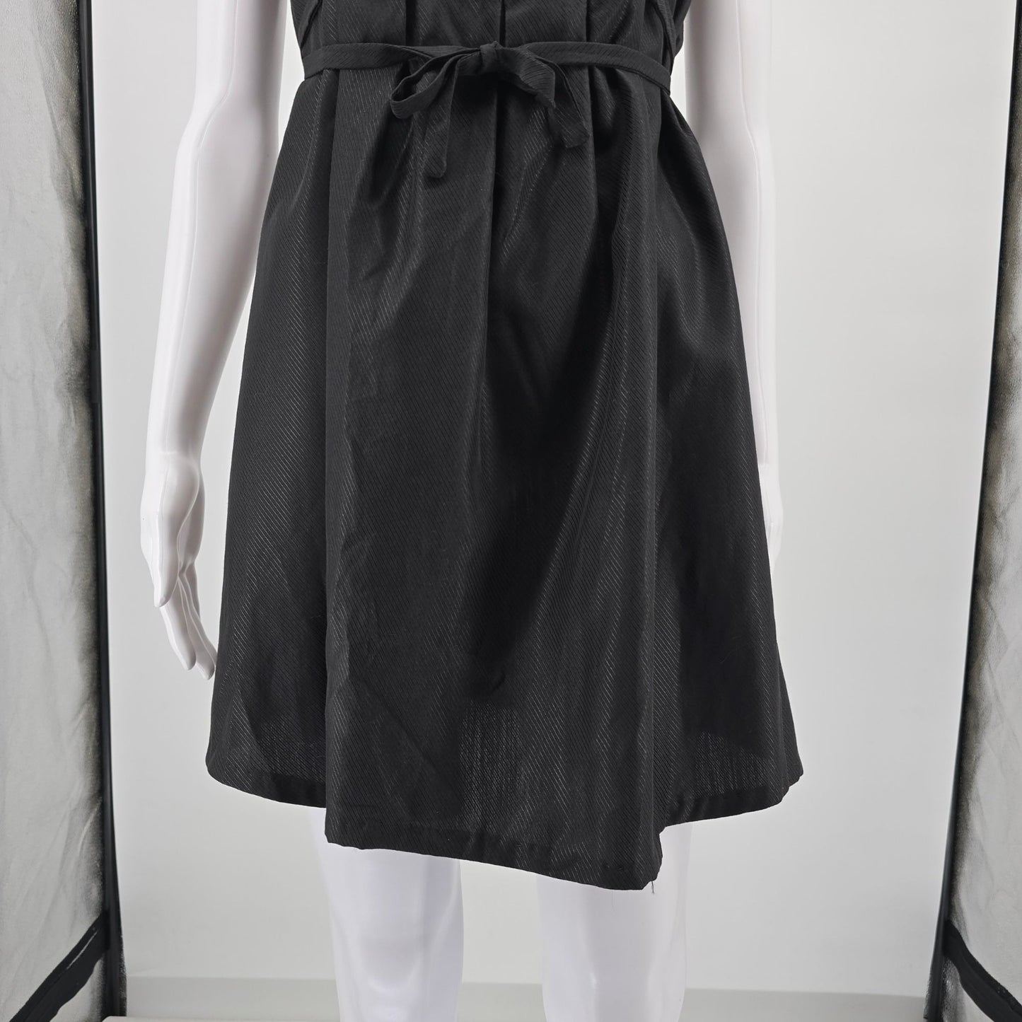 Vintage 1960s Black Sleeveless Square Neck Pleated Babydoll Mini Dress (M)