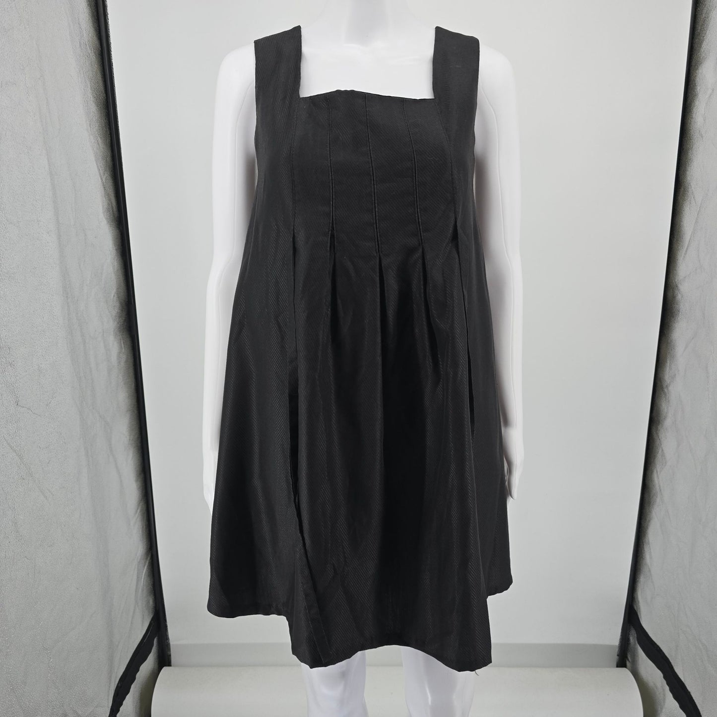 Vintage 1960s Black Sleeveless Square Neck Pleated Babydoll Mini Dress (M)