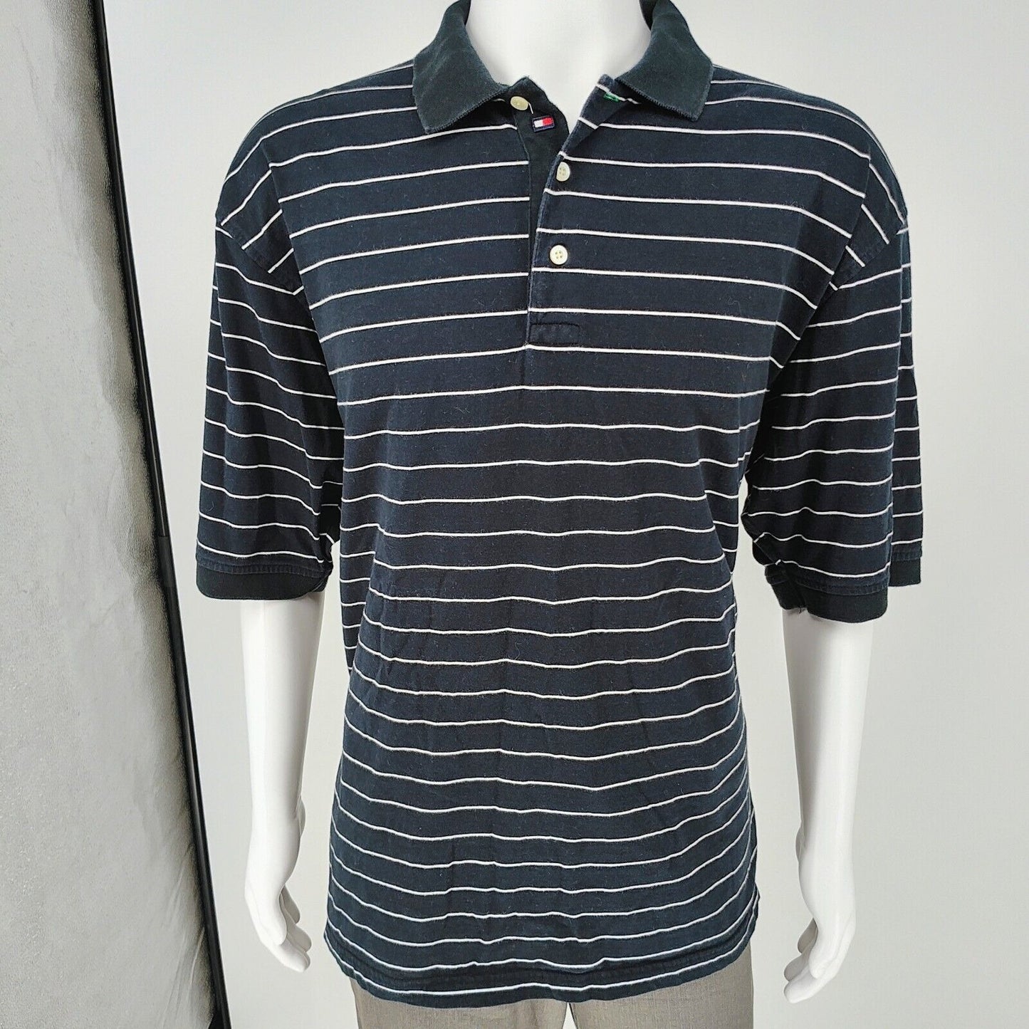 Tommy Hilfiger Golf 2006 Black and White Striped Three Button Polo (XL)