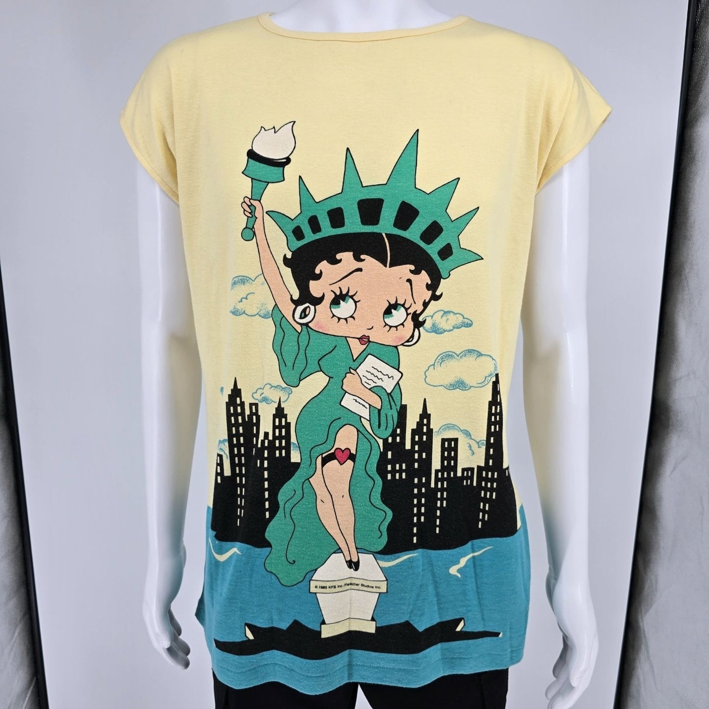 Vintage 1980s B.J. Frog Betty Boop Statute of Liberty All Over Print T-Shirt (L)