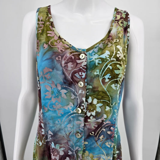 Vintage Y2K Norm Thompson Rayon Batik Button-Front Sleeveless Travel Dress (S)