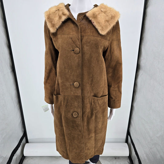 Vintage 1960s Unbranded Fur Collar Mid Length Camel Color Suede Coat (16L/Large)
