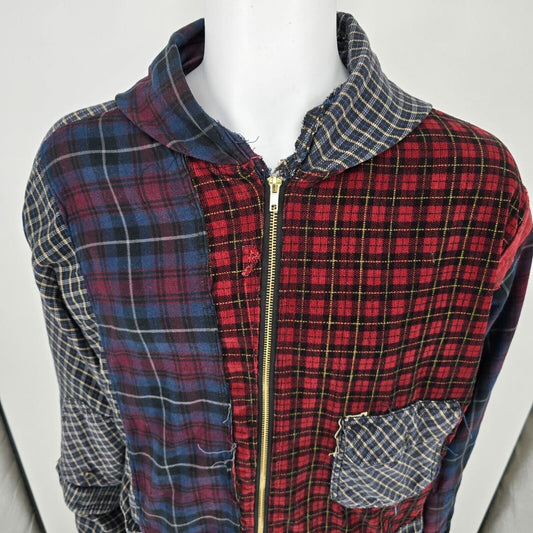 Vintage Thrashed 1990s Badge Patchwork Plaid Hooded Cropped Grunge Jacket (L)