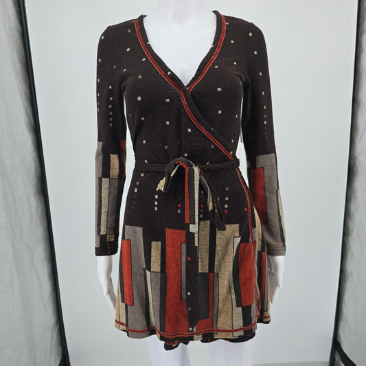 Vintage Y2K Funky People Colorblock Surplice Wrap Boho/Festival Mini Dress (XS)