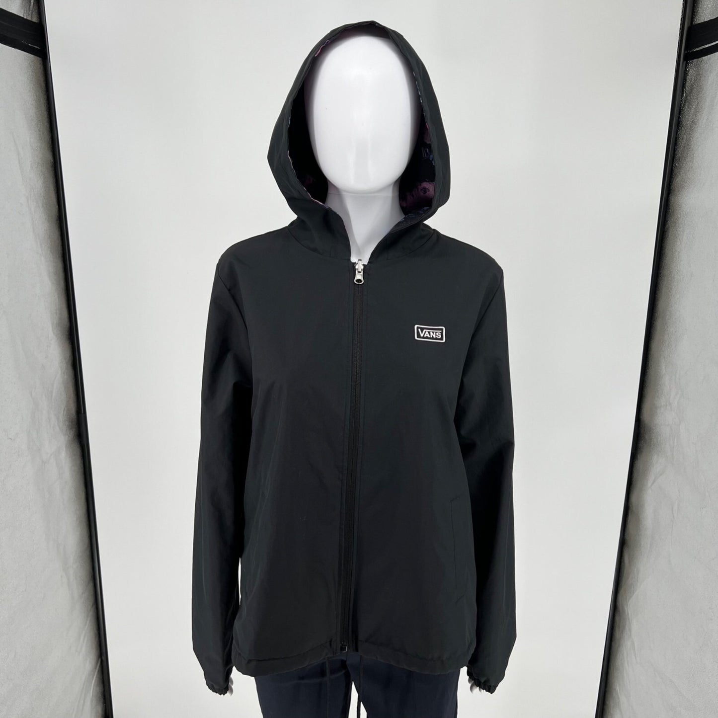 Vans Women's Mercy Black and Floral Reversible Hooded Jacket (Medium)