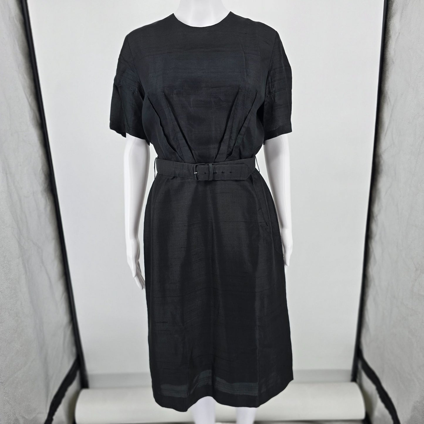 Vintage Early 1960s Black Slub Weave Belted Sheath Midi Dress (M) *Fair