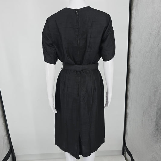 Vintage Early 1960s Black Slub Weave Belted Sheath Midi Dress (M) *Fair