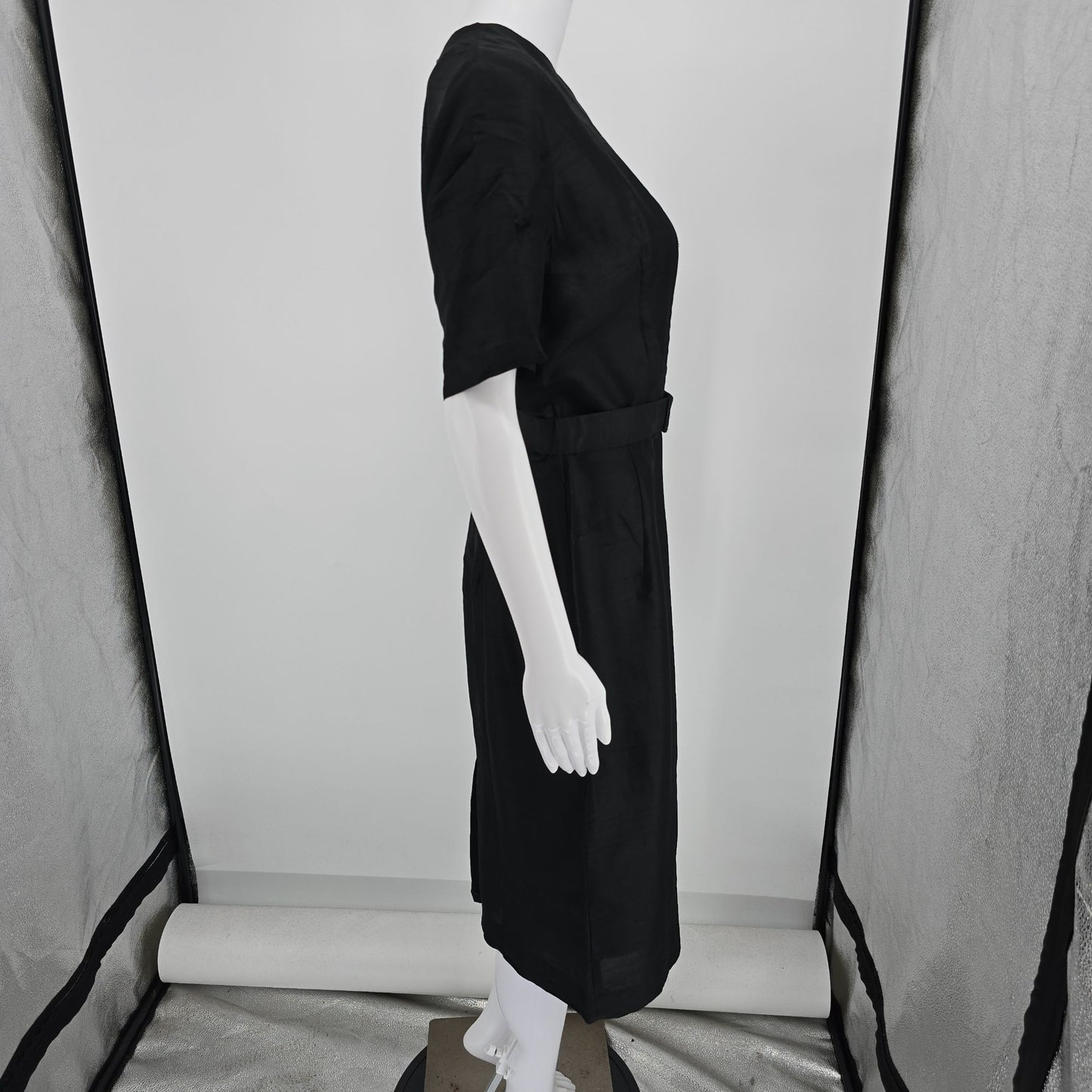 Vintage Early 1960s Black Slub Weave Belted Sheath Midi Dress (M) *Fair