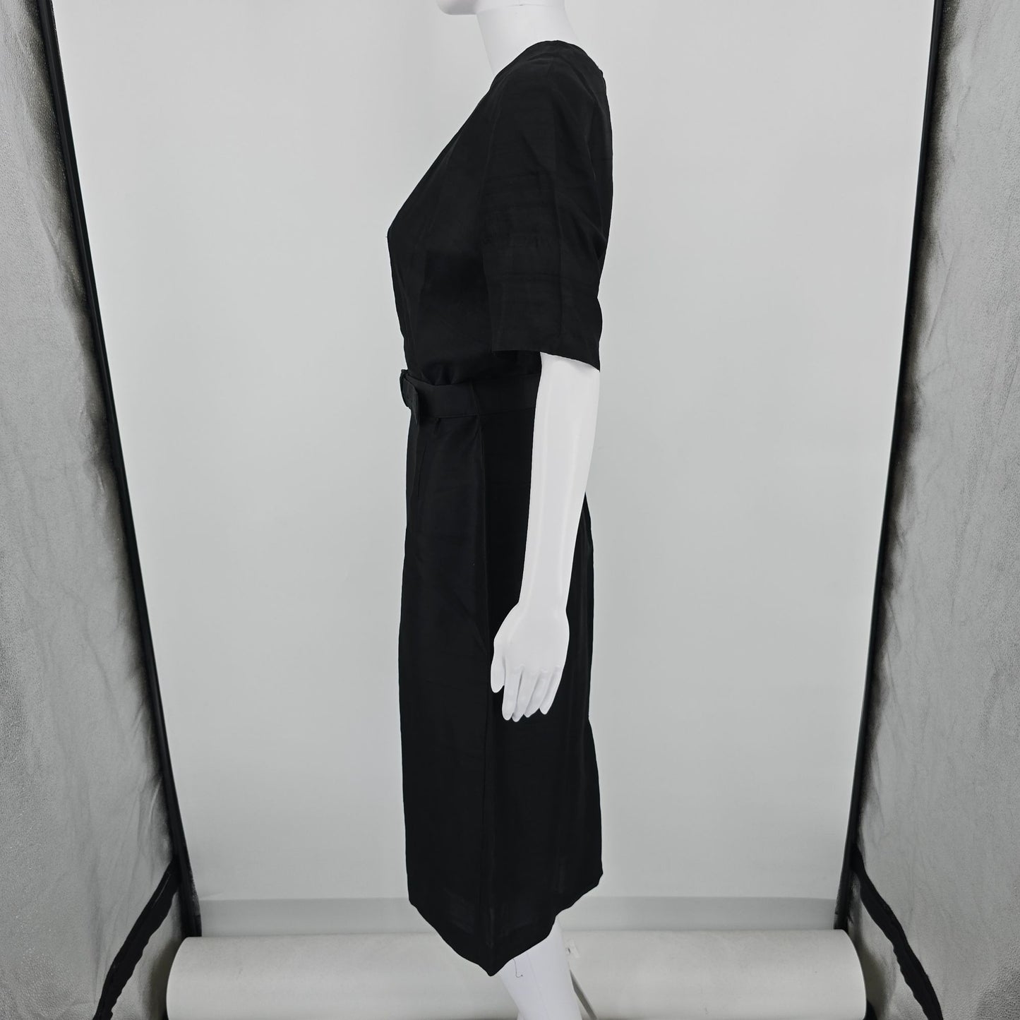 Vintage Early 1960s Black Slub Weave Belted Sheath Midi Dress (M) *Fair