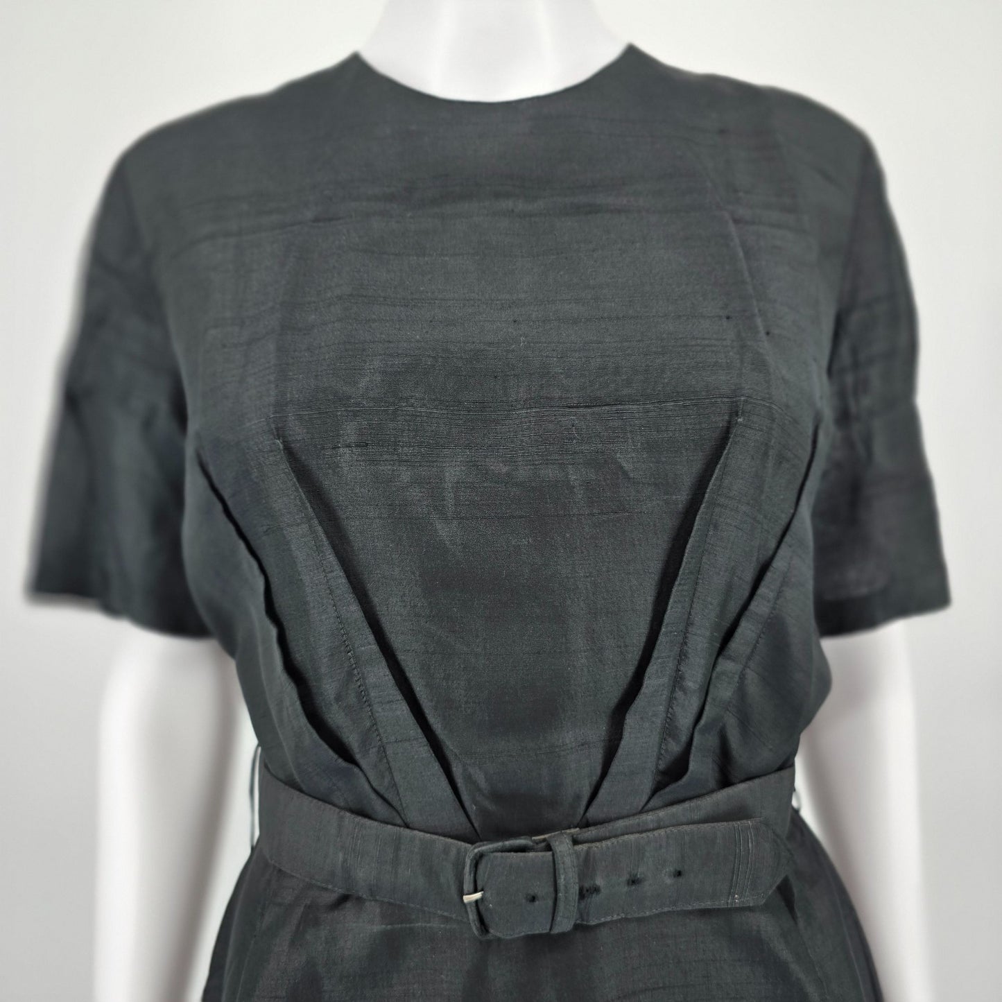 Vintage Early 1960s Black Slub Weave Belted Sheath Midi Dress (M) *Fair