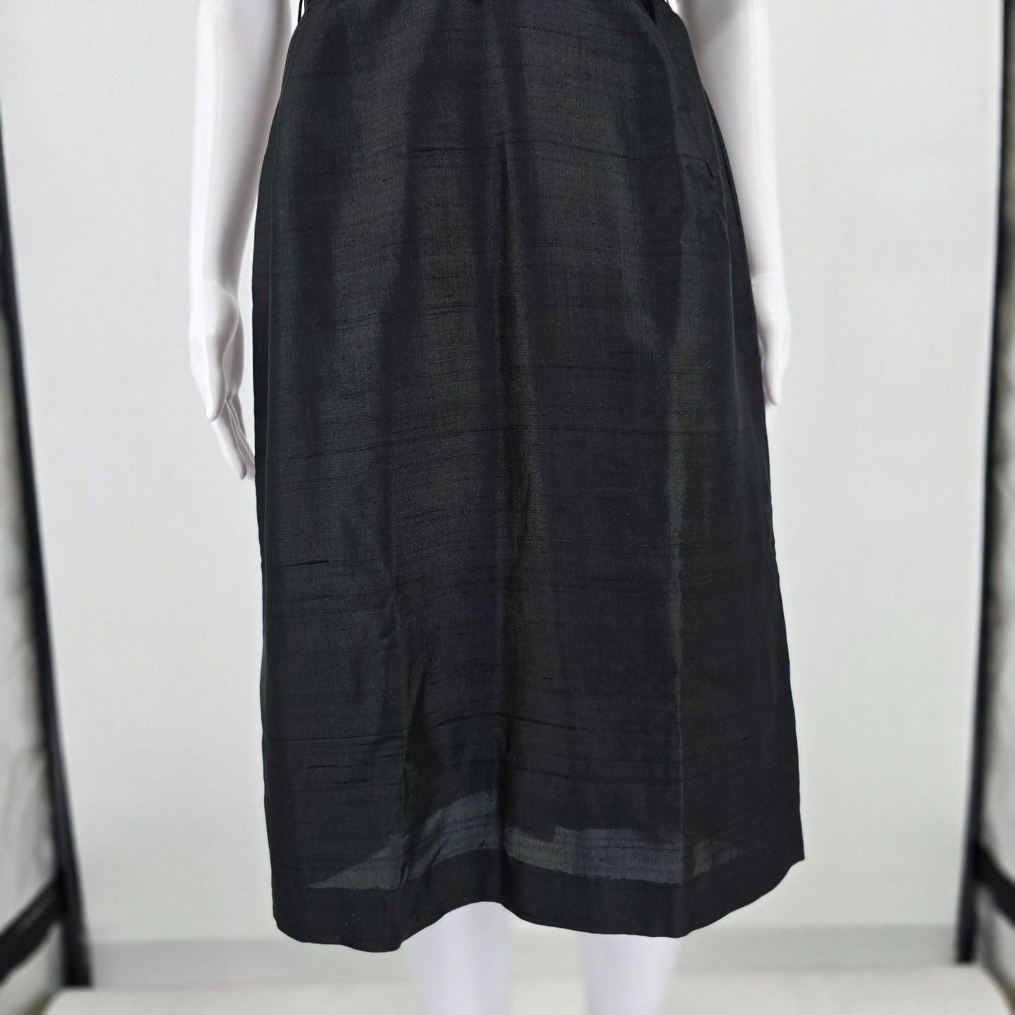 Vintage Early 1960s Black Slub Weave Belted Sheath Midi Dress (M) *Fair