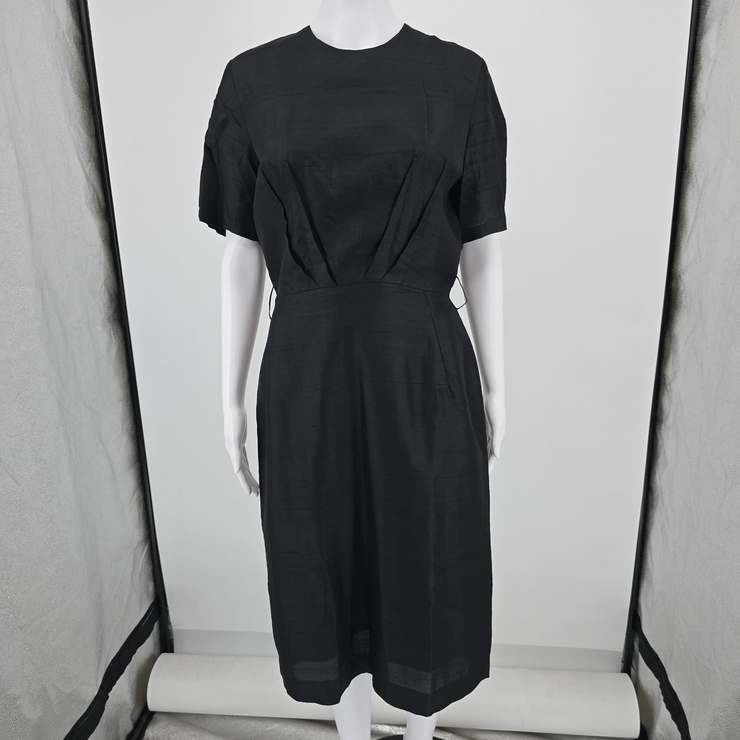Vintage Early 1960s Black Slub Weave Belted Sheath Midi Dress (M) *Fair