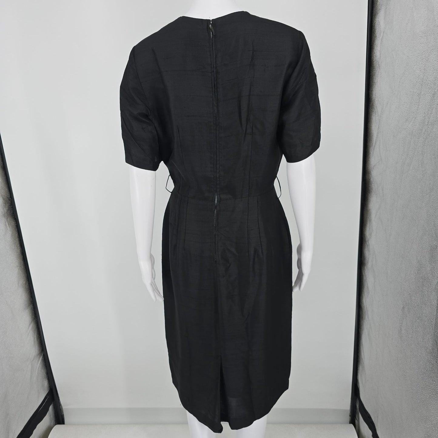 Vintage Early 1960s Black Slub Weave Belted Sheath Midi Dress (M) *Fair