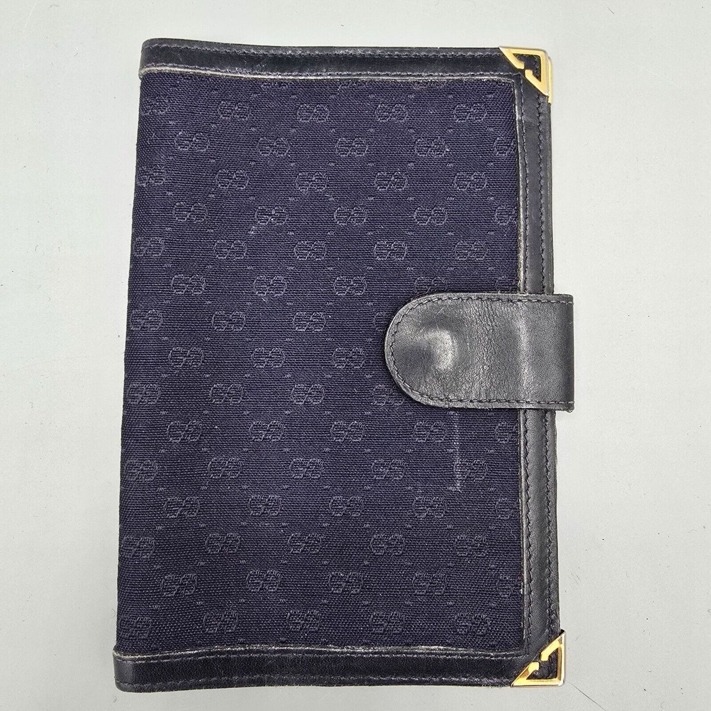 Gucci Blue Micro GG Logo Passport Cover with Gold Tone Corners *Fair Condition