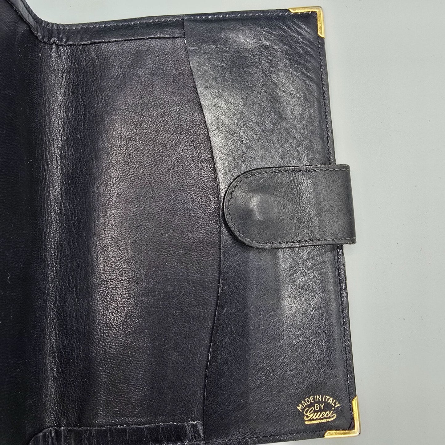 Gucci Blue Micro GG Logo Passport Cover with Gold Tone Corners *Fair Condition