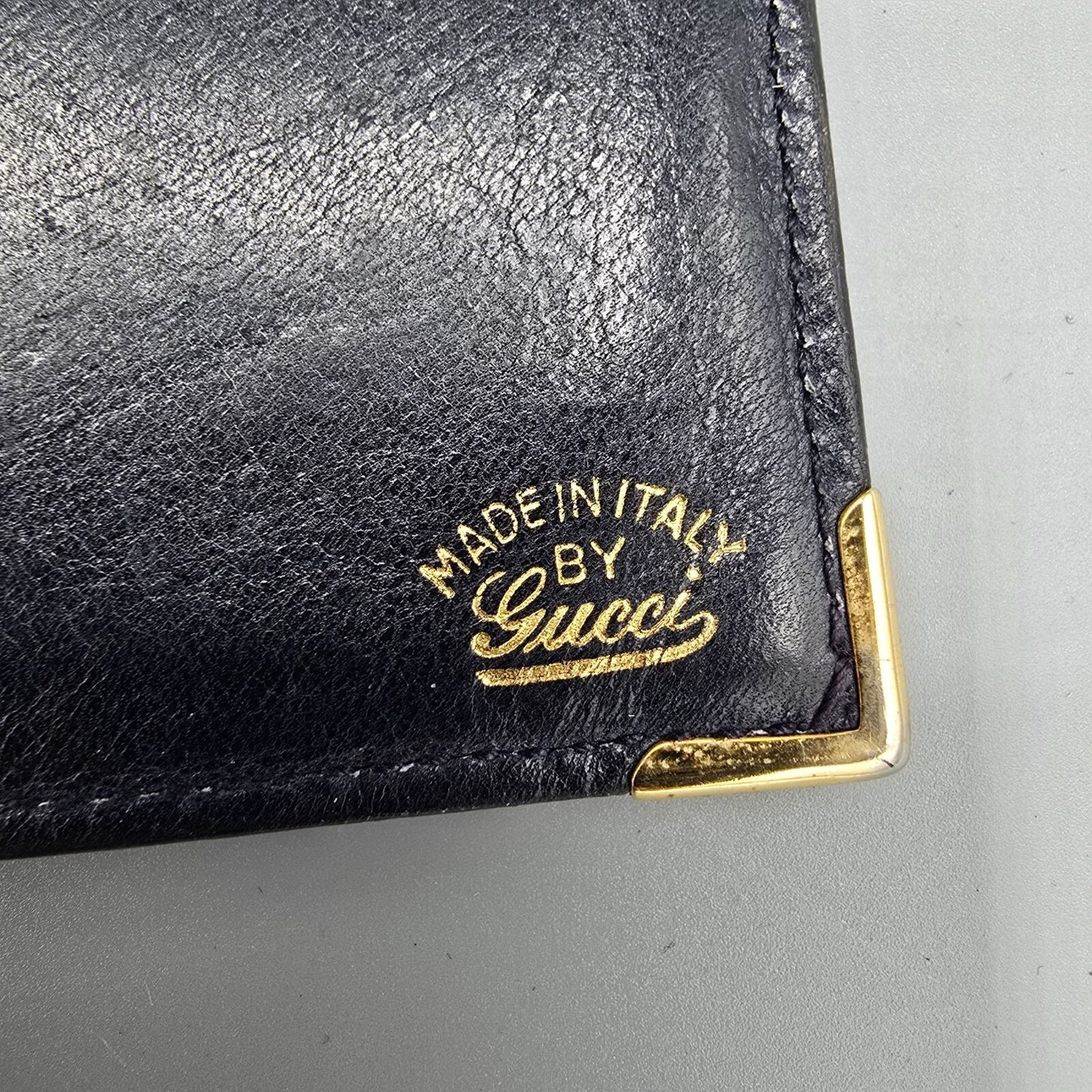 Gucci Blue Micro GG Logo Passport Cover with Gold Tone Corners *Fair Condition