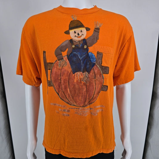 Vintage 1990s Orange Scarecrow & Pumpkin Fall/Halloween Pocket T-Shirt (XL/XXL)