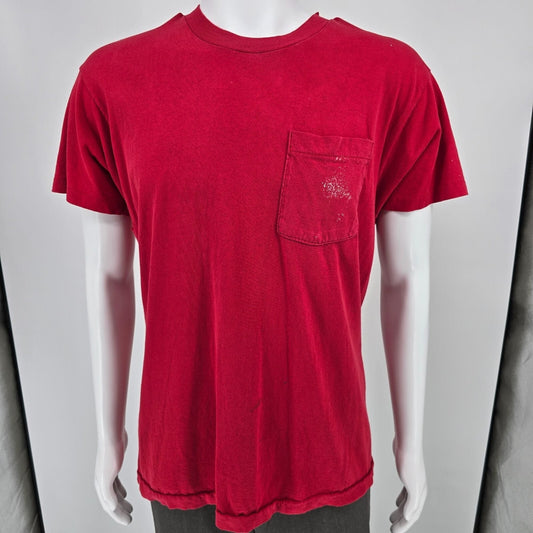 Vintage Distressed 1970s Single Stitch Blank Red Selvedge Pocket T-Shirt (M/L)