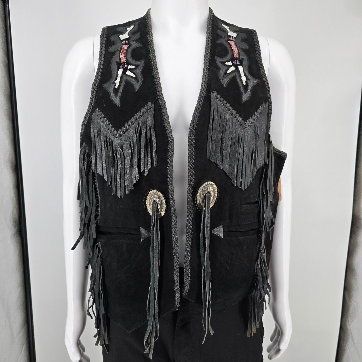 Vintage 1990s First Genuine Leather Men's Suede Beaded/Fringe Western Vest (M)