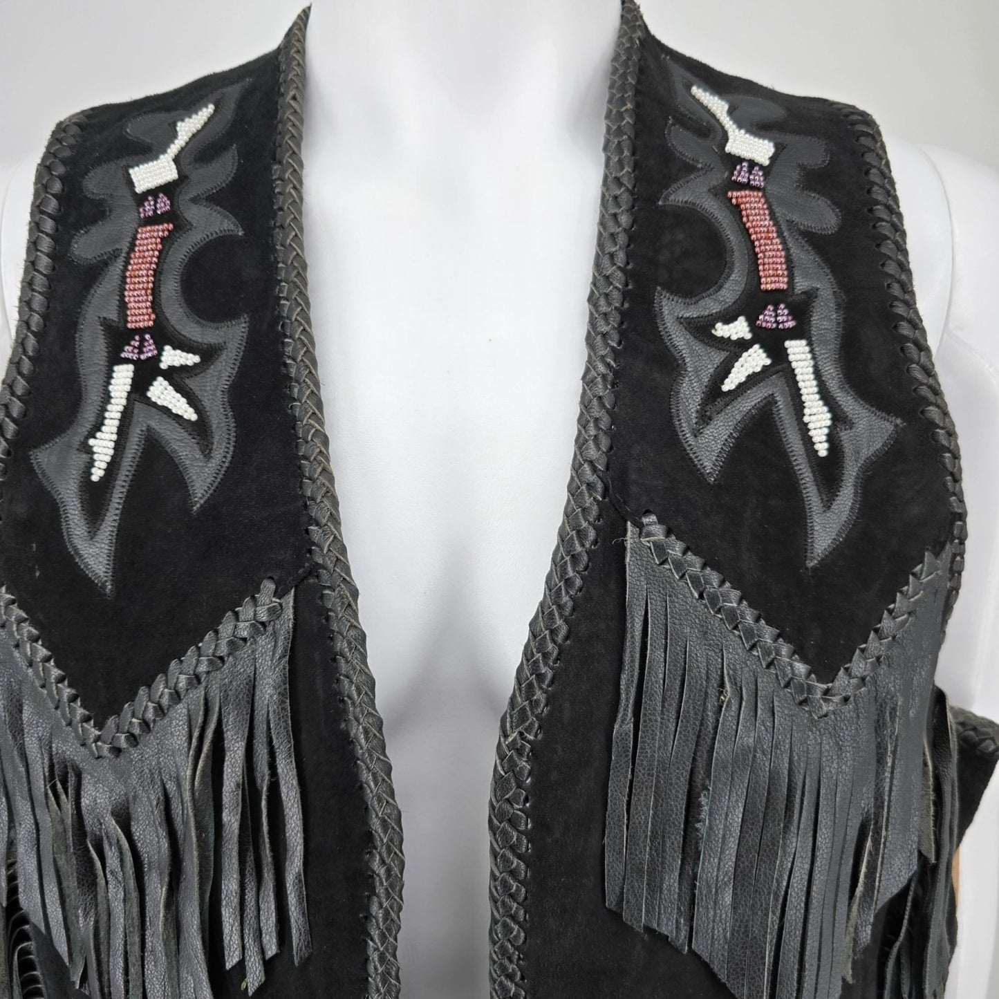Vintage 1990s First Genuine Leather Men's Suede Beaded/Fringe Western Vest (M)