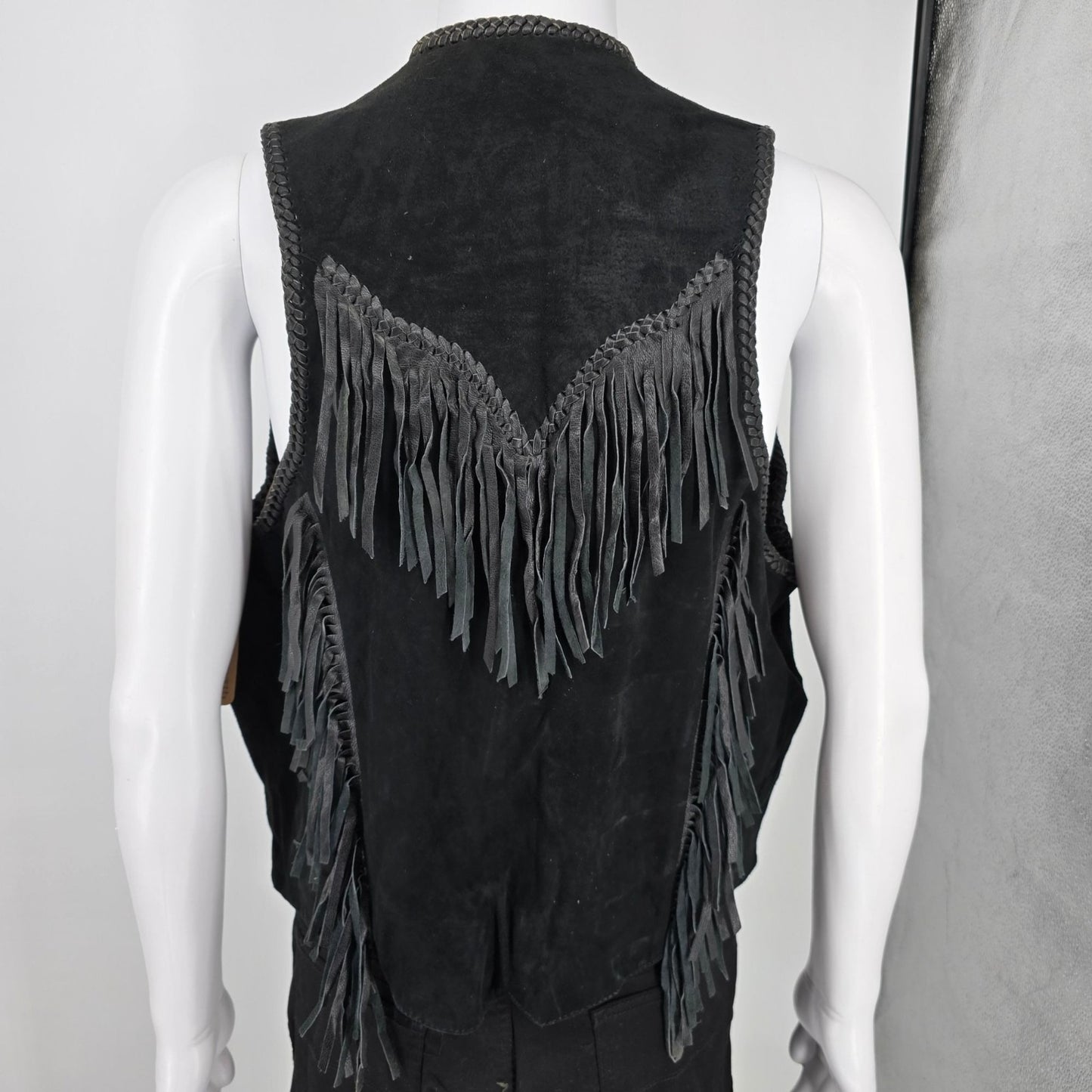 Vintage 1990s First Genuine Leather Men's Suede Beaded/Fringe Western Vest (M)
