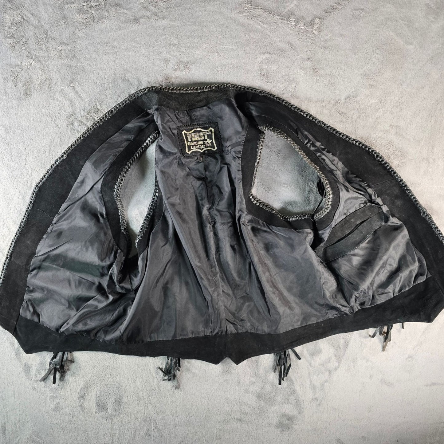 Vintage 1990s First Genuine Leather Men's Suede Beaded/Fringe Western Vest (M)