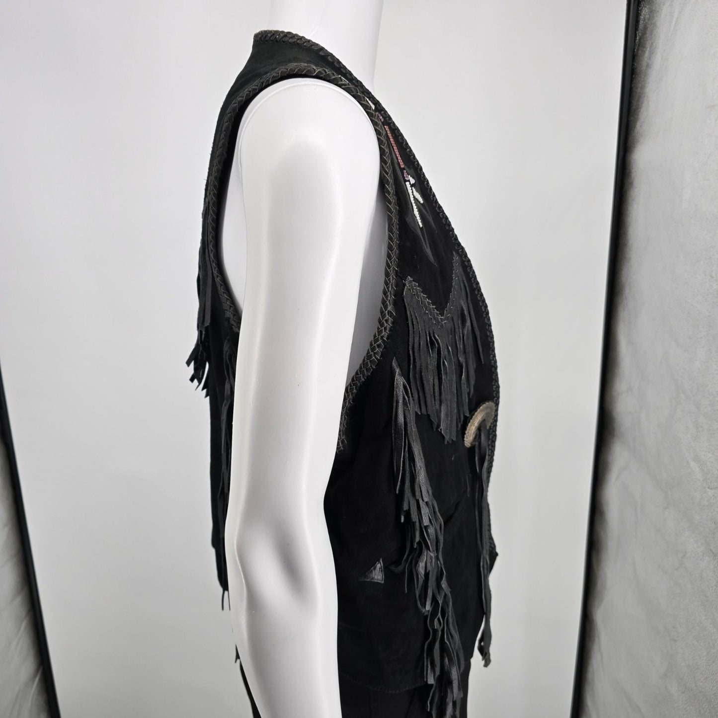 Vintage 1990s First Genuine Leather Men's Suede Beaded/Fringe Western Vest (M)