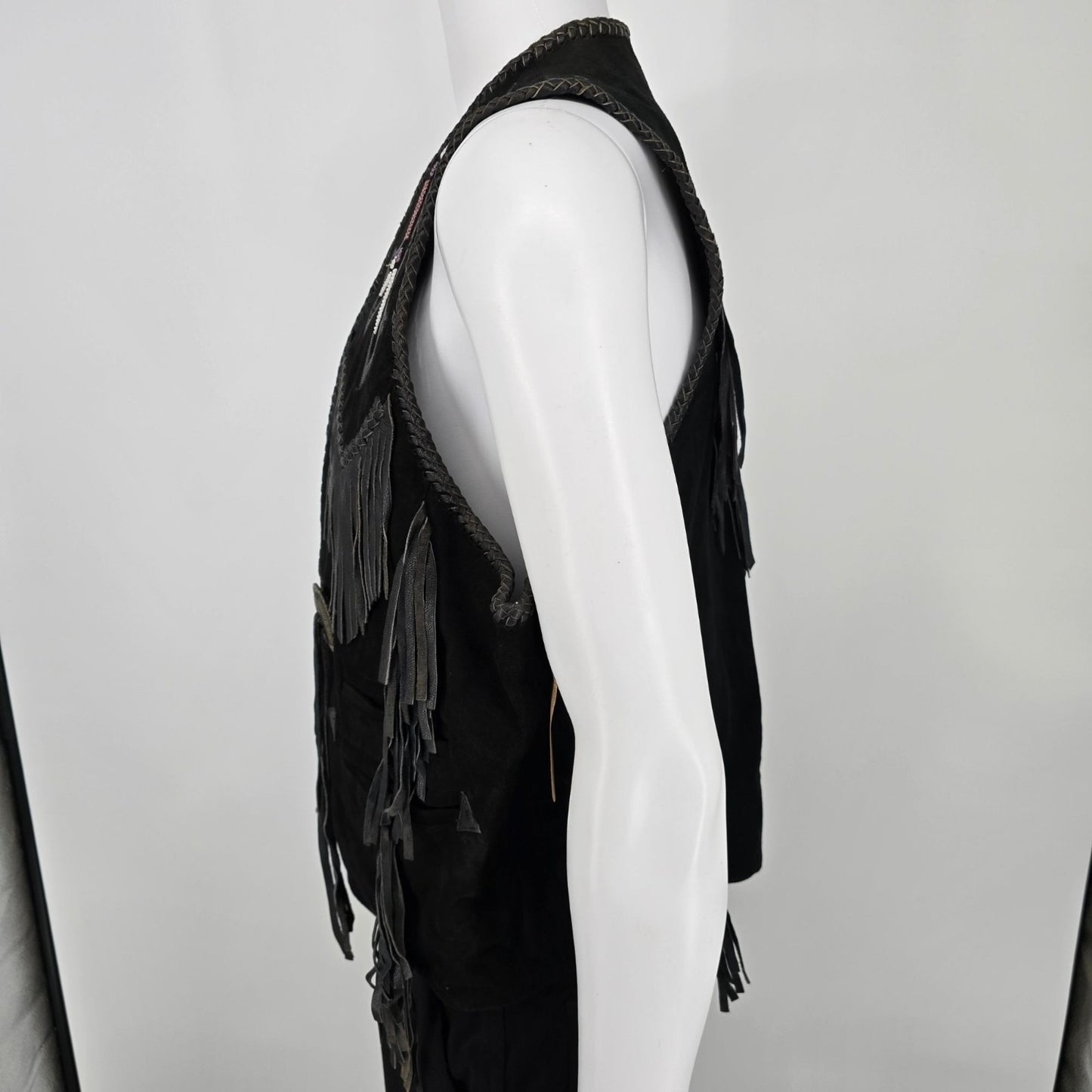 Vintage 1990s First Genuine Leather Men's Suede Beaded/Fringe Western Vest (M)