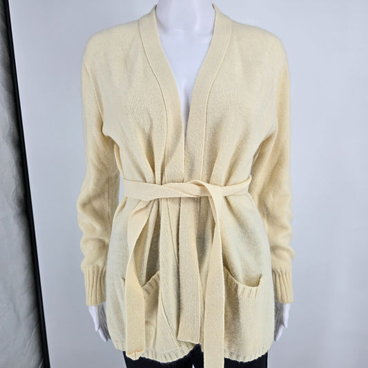 Vintage 1970s Unbranded Cream Knit Open-Front Belted Cardigan Sweater (L)