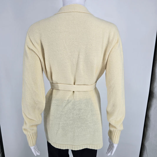 Vintage 1970s Unbranded Cream Knit Open-Front Belted Cardigan Sweater (L)
