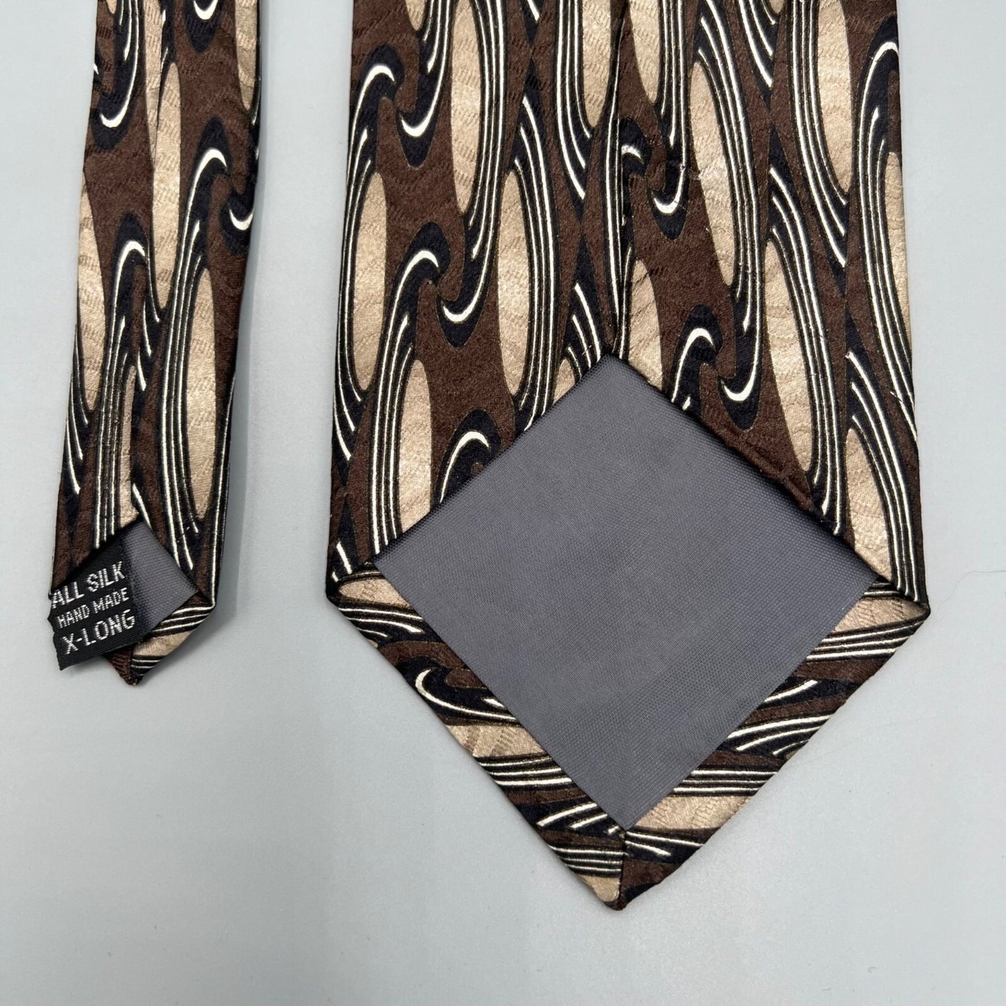 Unbranded Men's Extra Long 100% Silk Handmade Brown Abstract Pattern Necktie