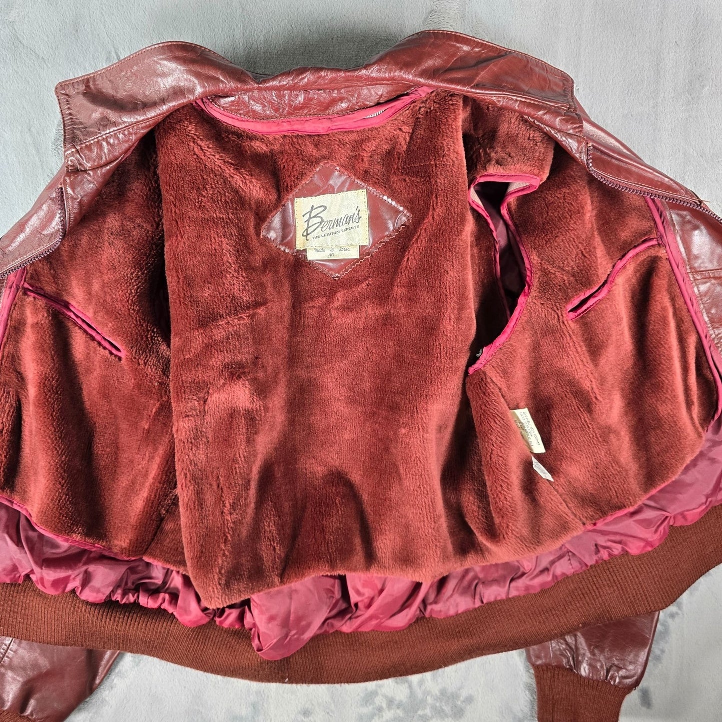 Vintage 1980s Berman's Pile Lined Oxblood/Burgundy Leather Bomber Jacket (L)