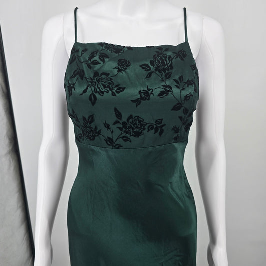 Vintage 1990s Maurices Green Satin Flocked Rose Whimsigoth Prom Dress (0/XS)