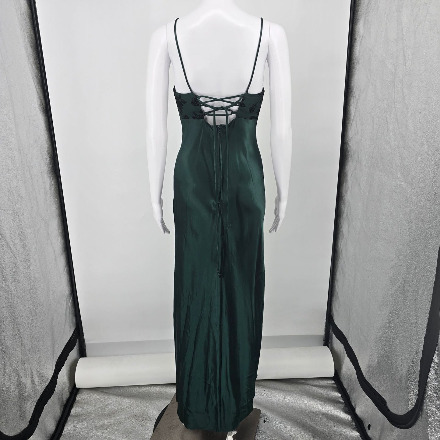 Vintage 1990s Maurices Green Satin Flocked Rose Whimsigoth Prom Dress (0/XS)