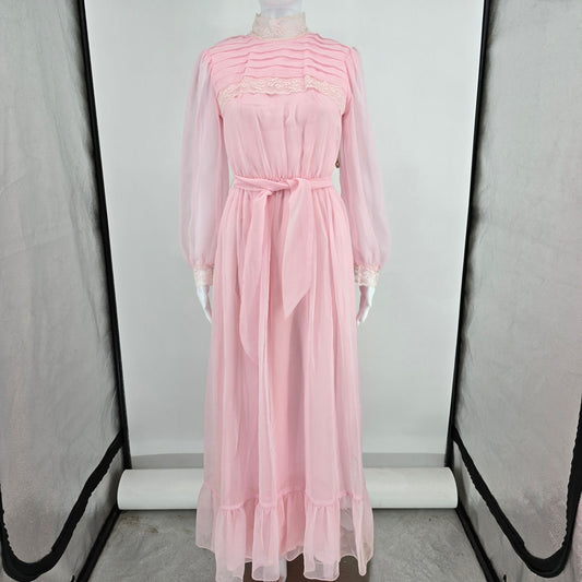 Vintage 1970s Light Pink Lace Neck Sheer Sleave Prairie Maxi Dress (Size 2/XS)