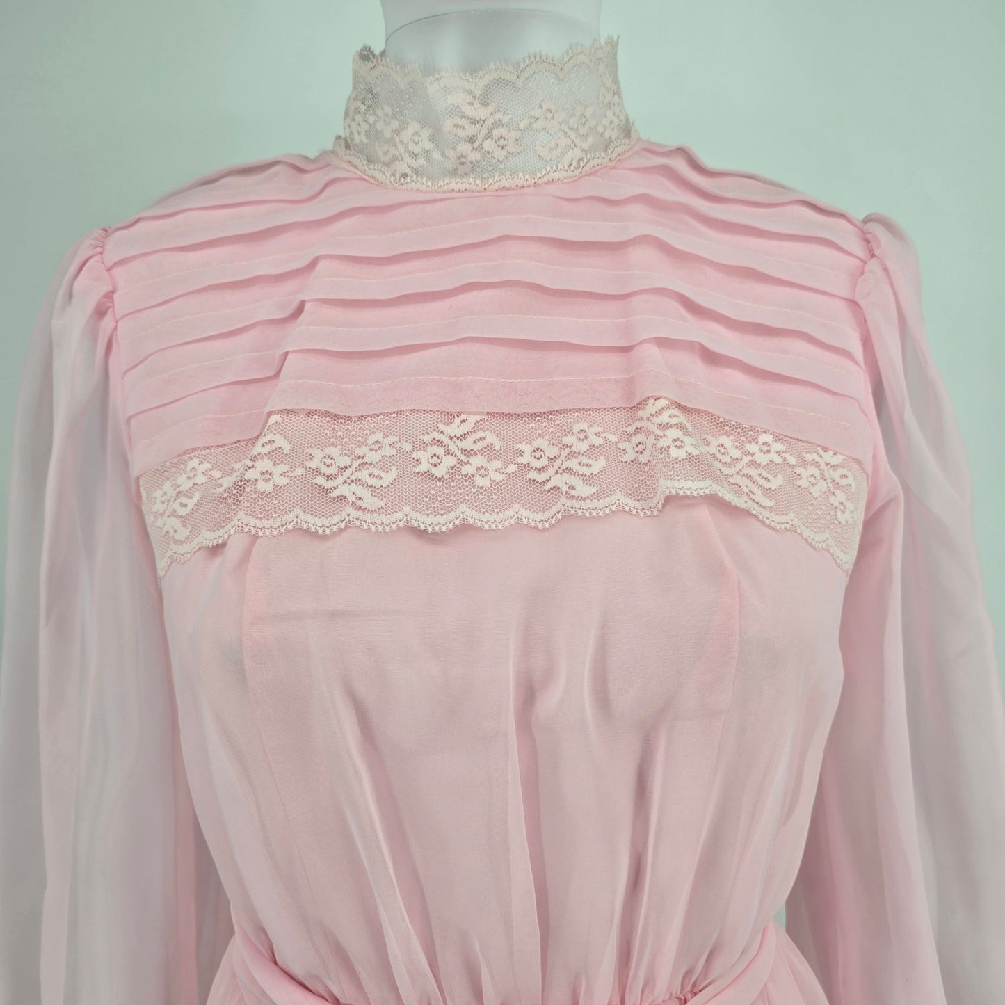 Vintage 1970s Light Pink Lace Neck Sheer Sleave Prairie Maxi Dress (Size 2/XS)