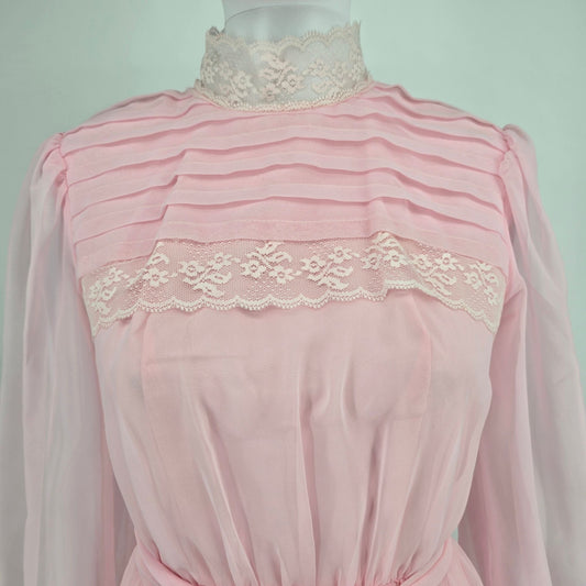 Vintage 1970s Light Pink Lace Neck Sheer Sleave Prairie Maxi Dress (Size 2/XS)