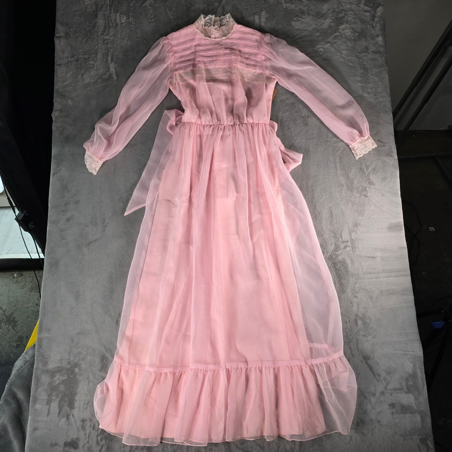 Vintage 1970s Light Pink Lace Neck Sheer Sleave Prairie Maxi Dress (Size 2/XS)