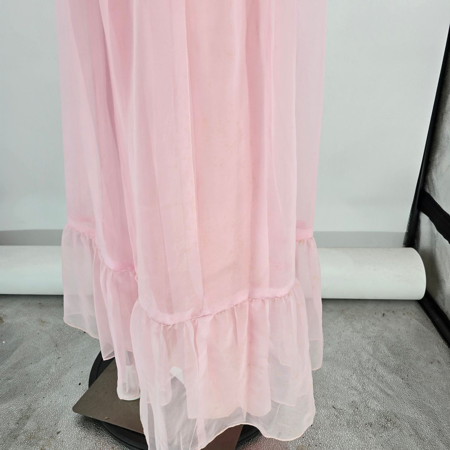 Vintage 1970s Light Pink Lace Neck Sheer Sleave Prairie Maxi Dress (Size 2/XS)